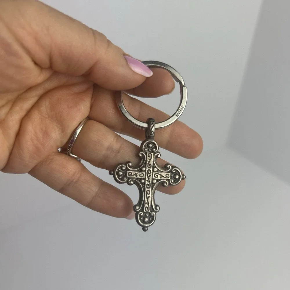 Vintage Brighton Silver Metal Religious Cross Keychain with Fob Keyring